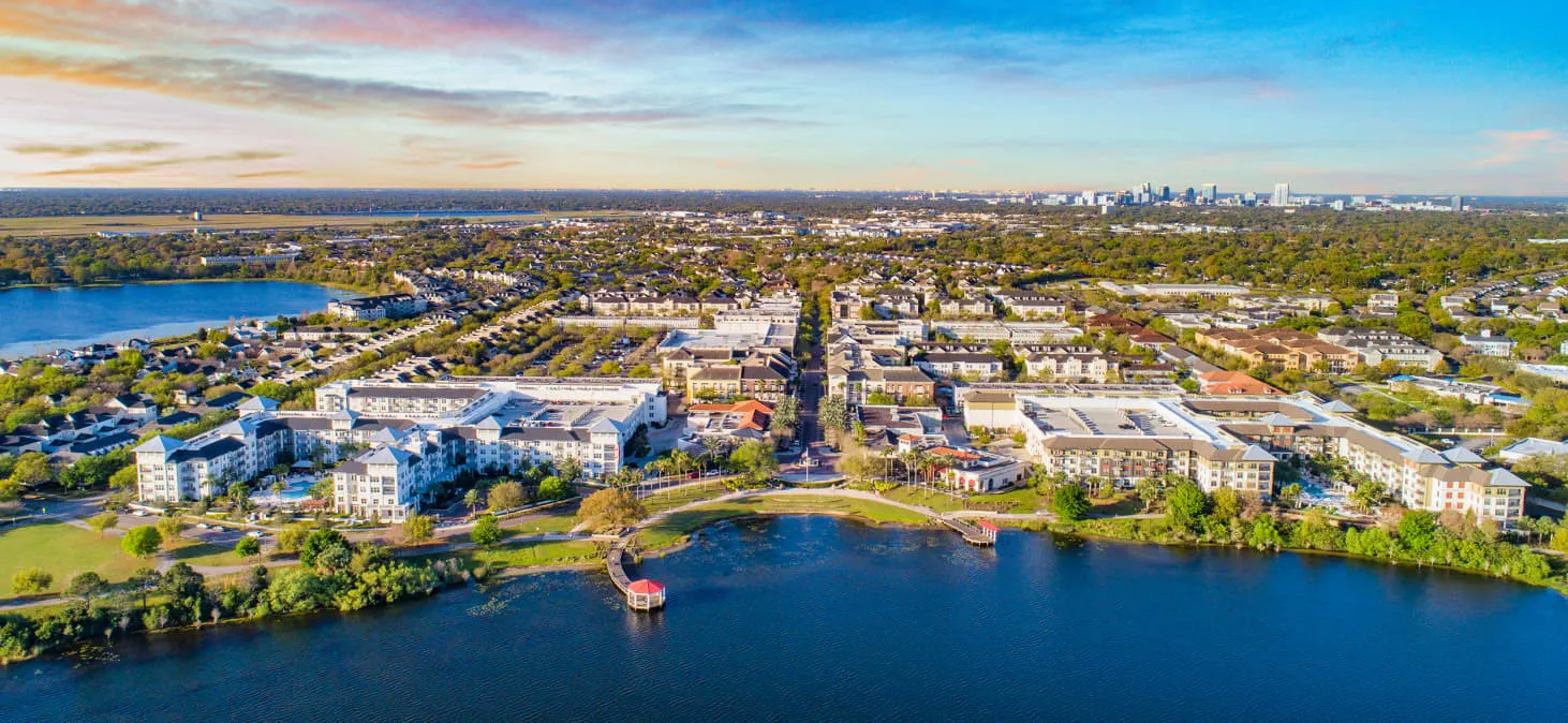 Baldwin Park Orlando aerial drone view of community