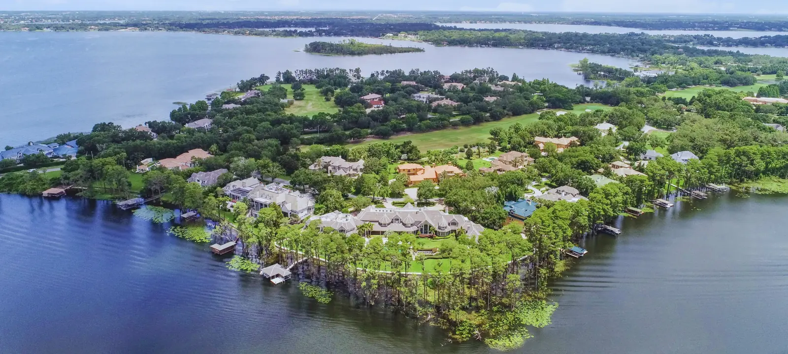 Aerial view of lakefront estates in Windermere