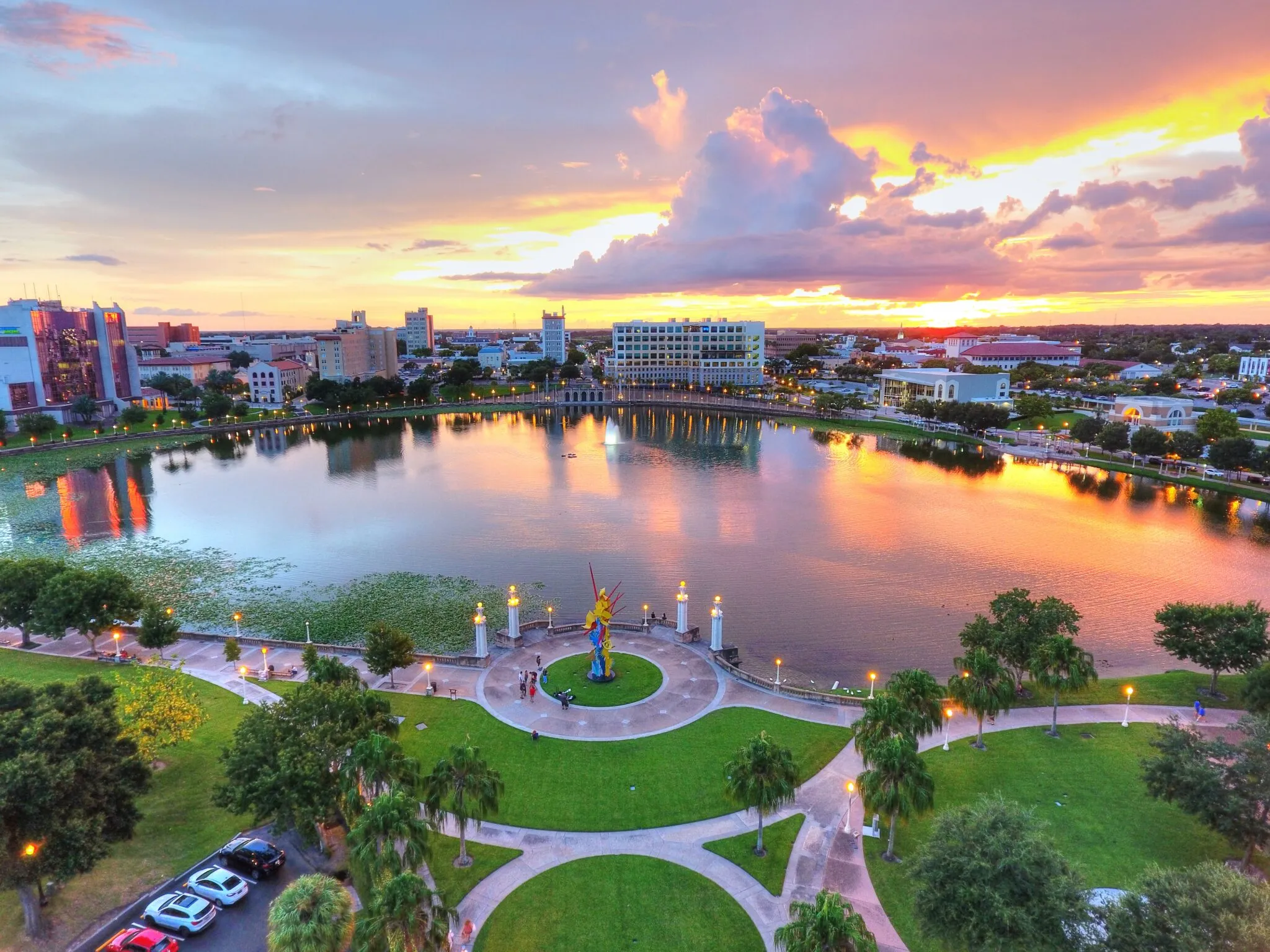 Aerial view of downtown Lakeland Florida at sunset