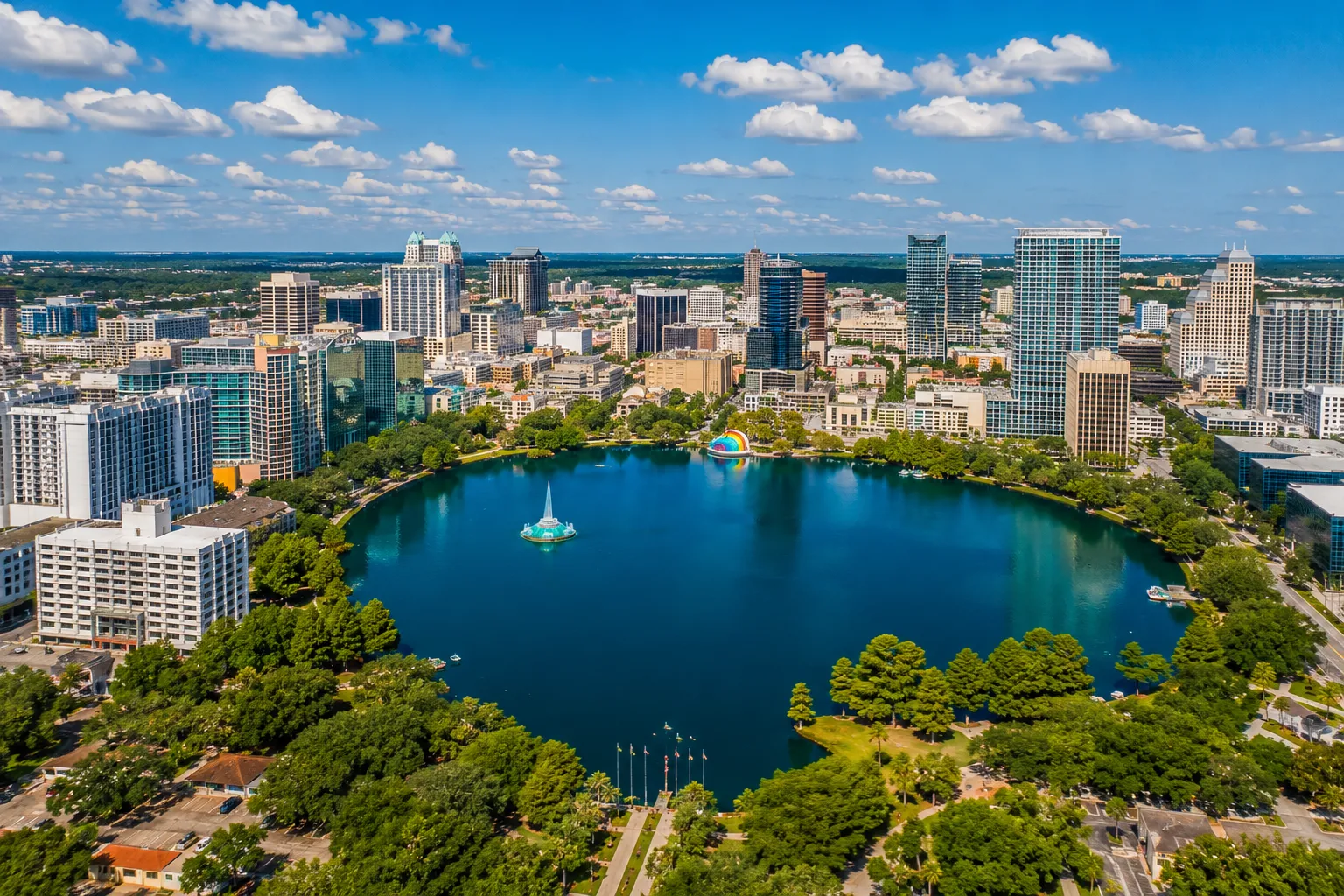 Aerial view of Lake Eola and Downtown Orlando Florida skyline